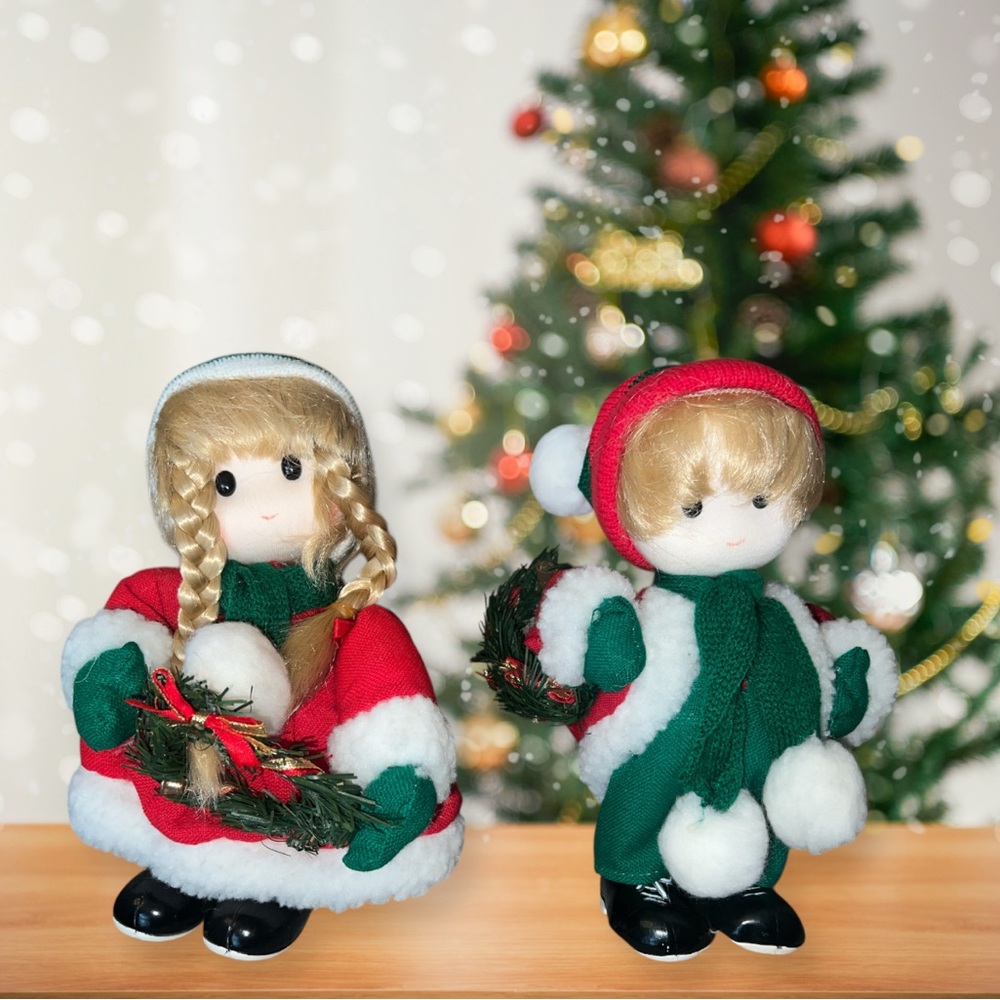 VTG TERRY'S VILLAGE CHRISTMAS GIRL & BOY WIND-UP ANIMATED MUSICAL DOLLS 10" +